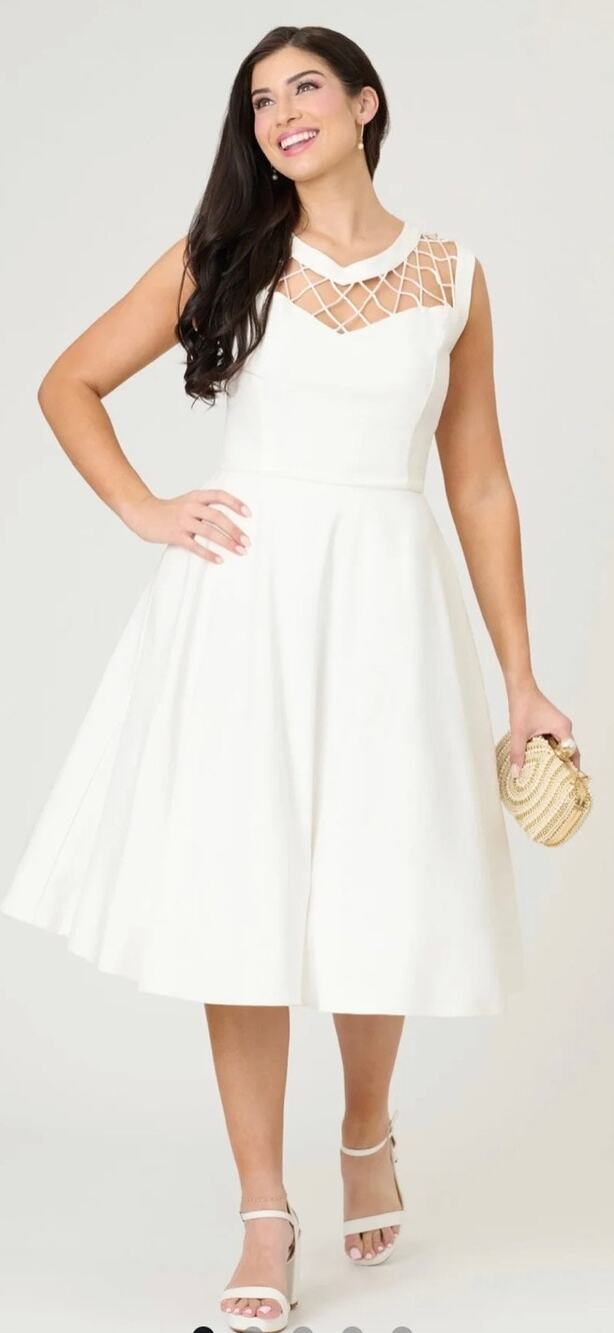 Unique Vintage Ivory White Diamond Cable Stretch Swing Dress L NWOT